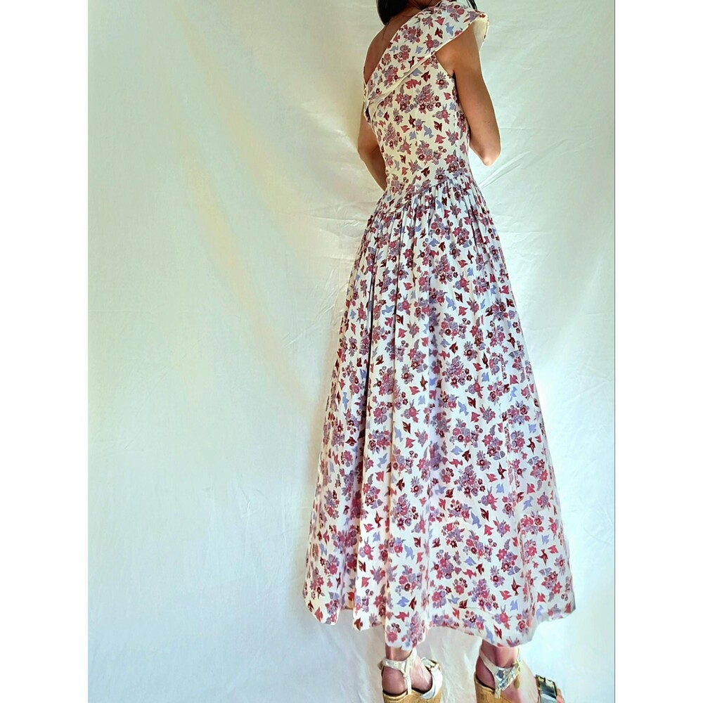 Vtg 1940s Novelty Print Cotton Formal Gown: One Shoulder Floral Maxi Dress S/M - Picture 14 of 14